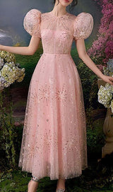 PUFF SLEEVE SEQUINS MAXI DRESS IN PINK DRESS STYLE OF CB 