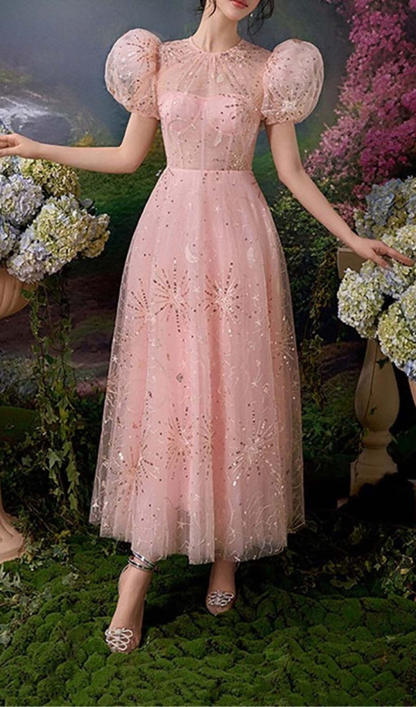 PUFF SLEEVE SEQUINS MAXI DRESS IN PINK DRESS STYLE OF CB 