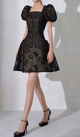 PUFF-SLEEV MESH MINI A-LINE DRESS IN BLACK DRESS STYLE OF CB 