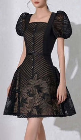 PUFF-SLEEV MESH MINI A-LINE DRESS IN BLACK DRESS STYLE OF CB 