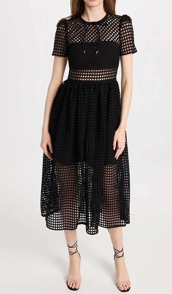 PUFFED SLEEVE LACE MIDI DRESS IN BLACK DRESS STYLE OF CB 