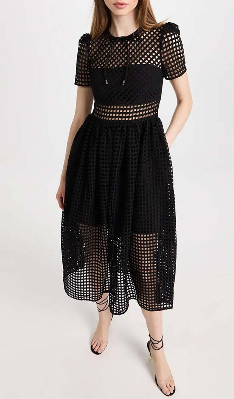 PUFFED SLEEVE LACE MIDI DRESS IN BLACK DRESS STYLE OF CB 