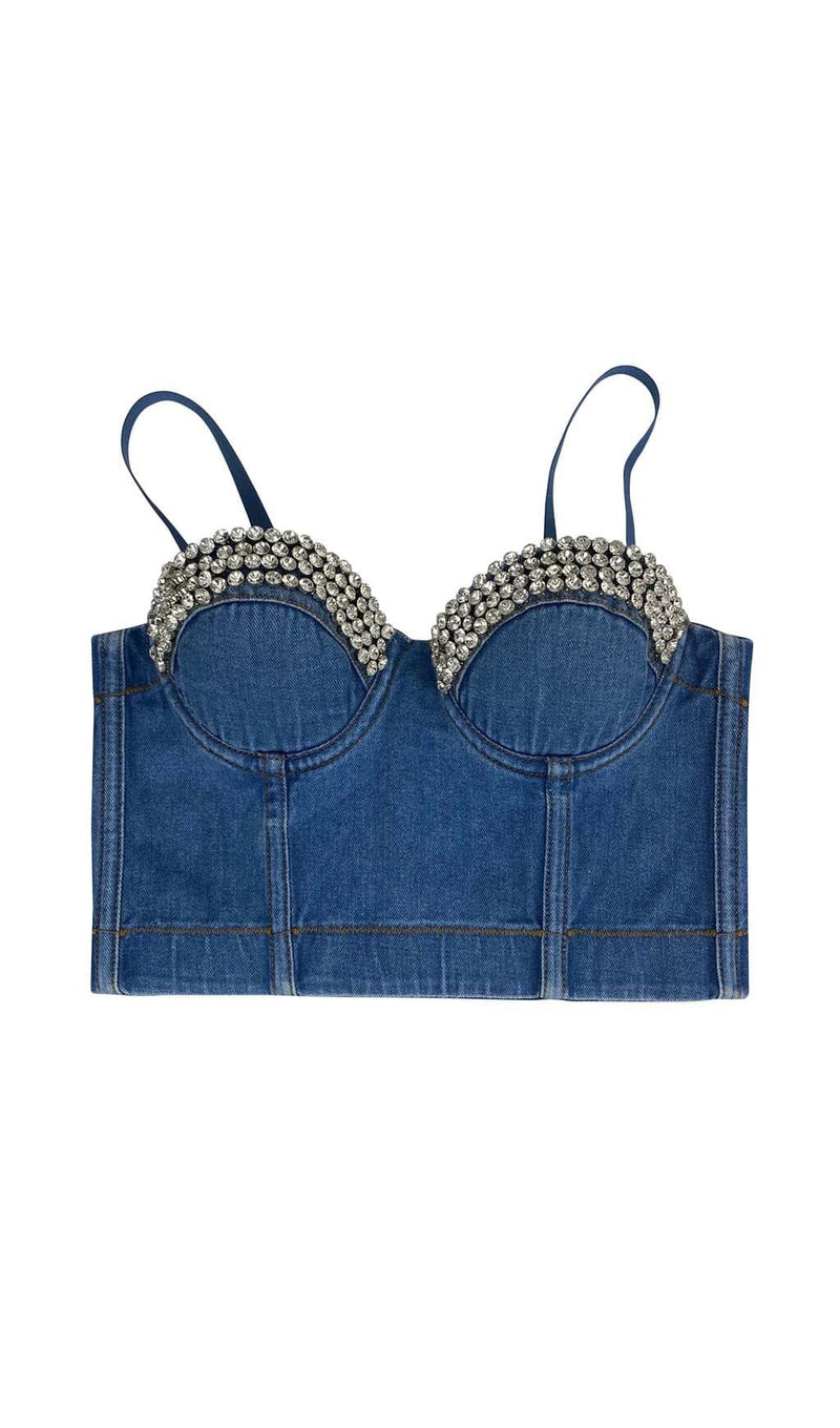 RHINESTONE BACKLESS CROPPED TOP IN NAVY BLUE DRESS STYLE OF CB 