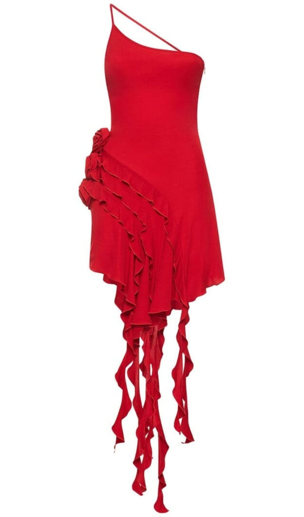 ROSE-DETAIL RUFFLED MINI DRESS IN RED DRESS styleofcb 