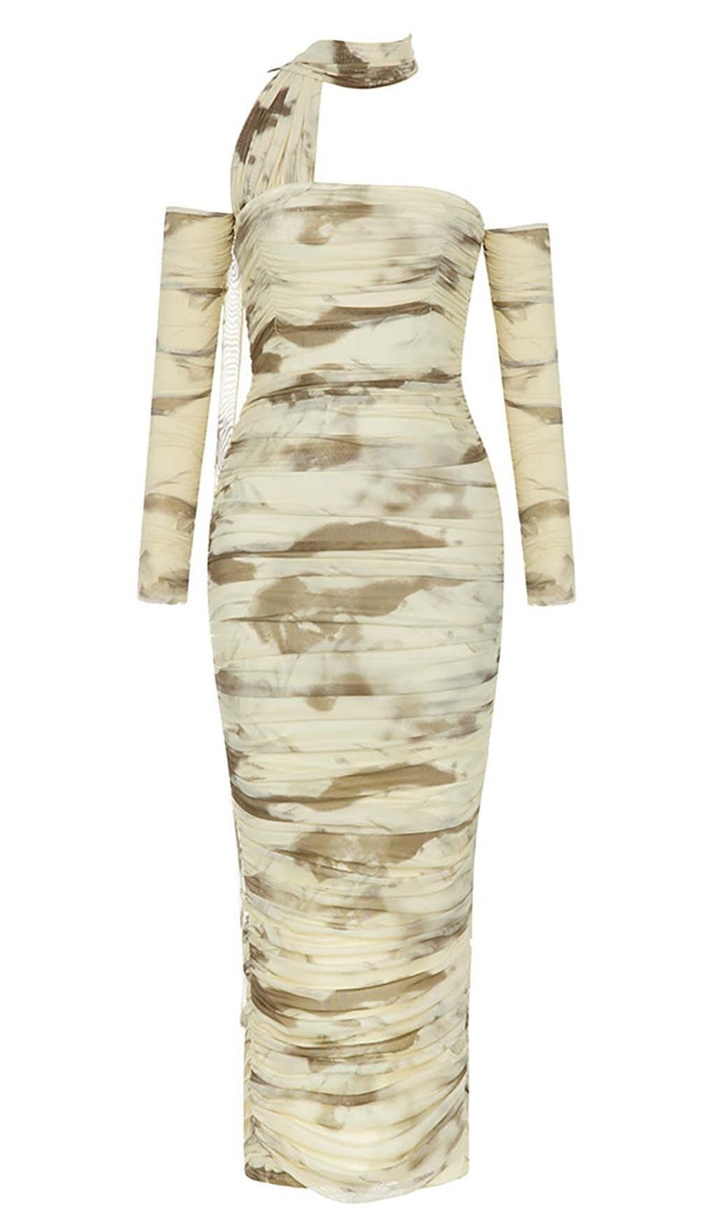 RUCHED BANDEAU MIDI DRESS IN BEIGE DRESS STYLE OF CB 