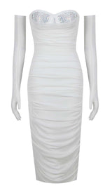 RUCHED BANDEAU MIDI DRESS IN WHITE DRESS STYLE OF CB 