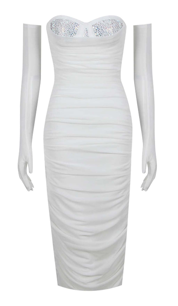 RUCHED BANDEAU MIDI DRESS IN WHITE DRESS STYLE OF CB 