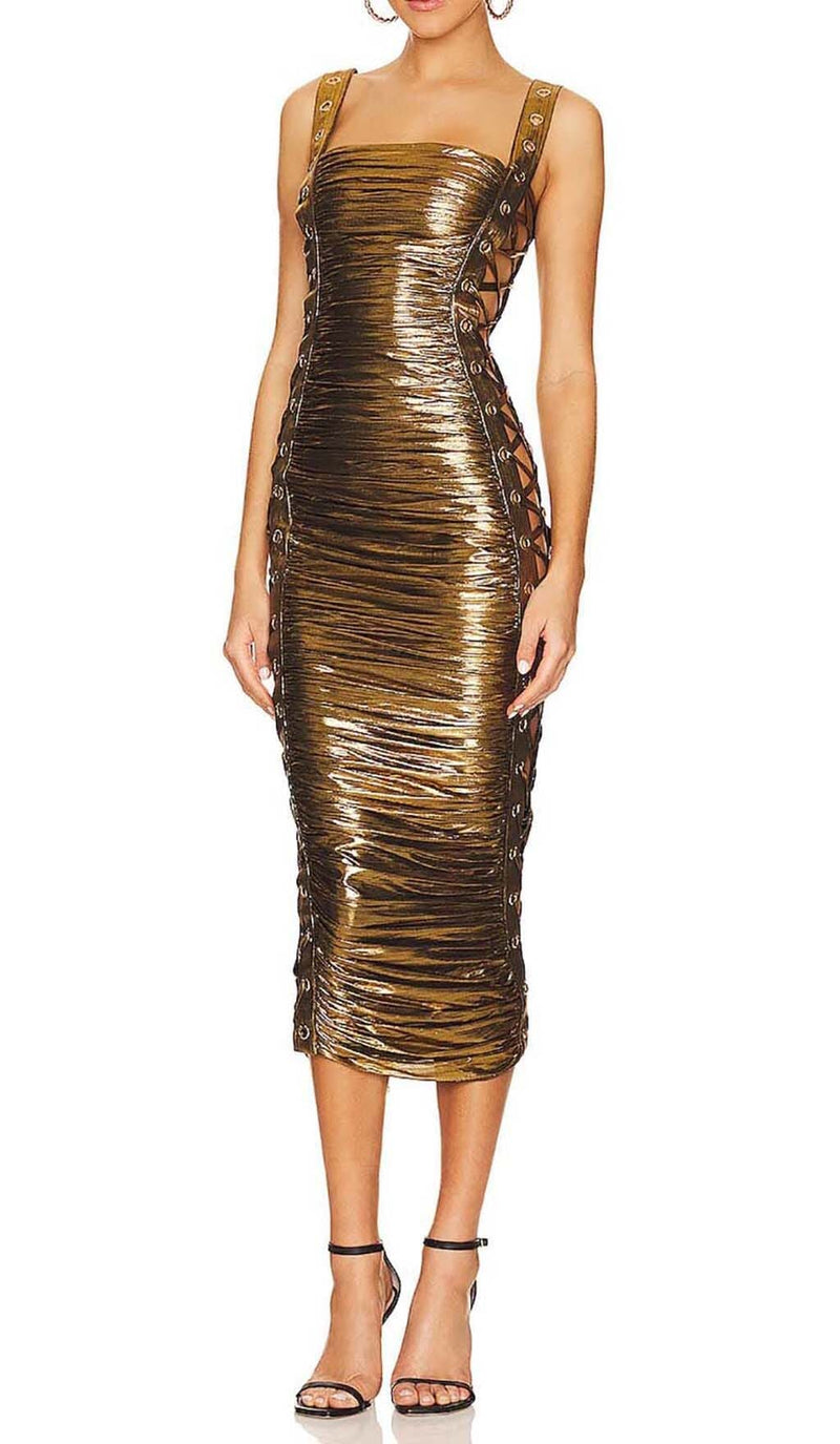 RUCHED METALLIC MIDI DRESS IN GOLD DRESS STYLE OF CB 