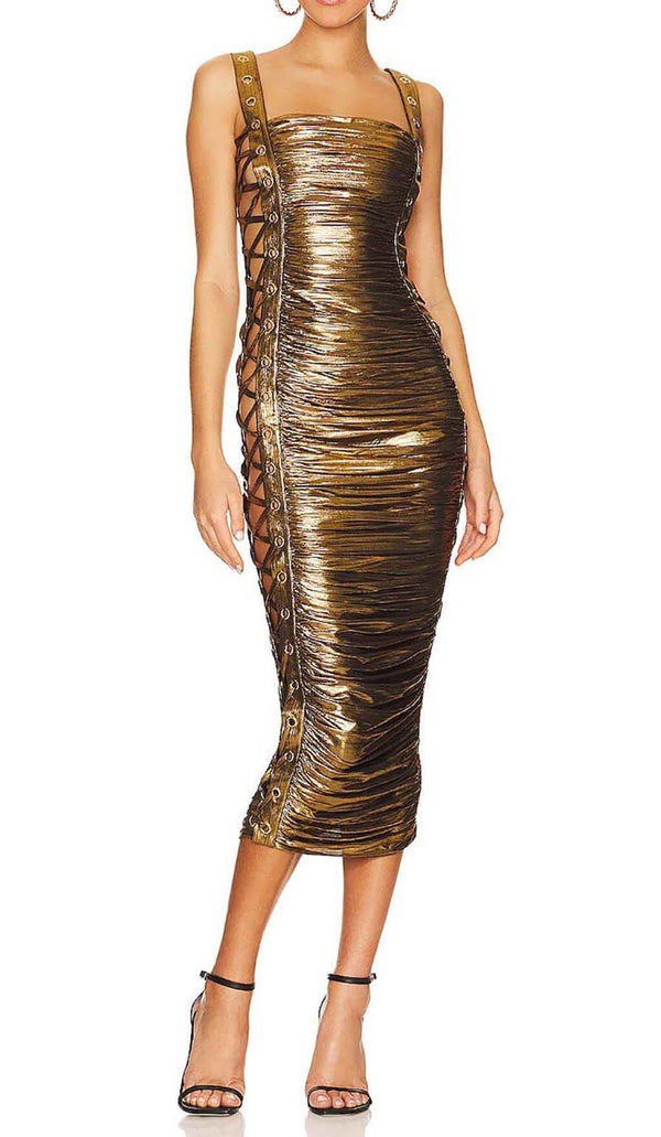 RUCHED METALLIC MIDI DRESS IN GOLD DRESS STYLE OF CB 