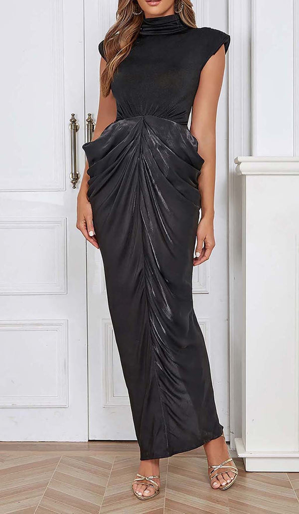 RUCHED OFF SLEEVE MAXI DRESS IN BLACK DRESS STYLE OF CB 