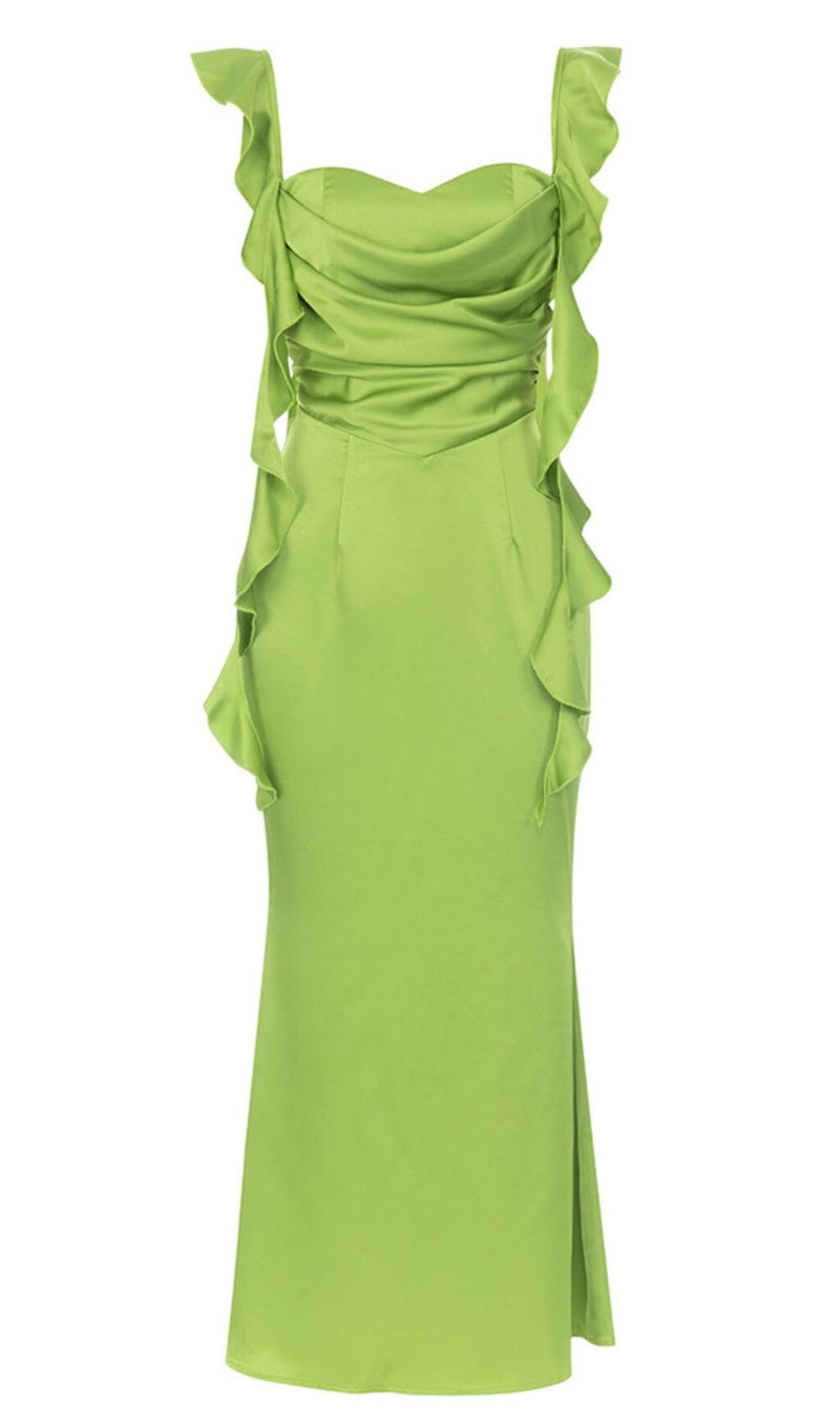 RUCHED SATIN MAXI DRESS IN GREEN DRESS STYLE OF CB 