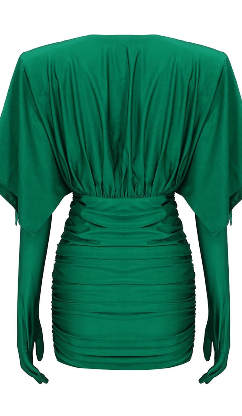 RUCHED SATIN MINI DRESS IN GREEN sis label 