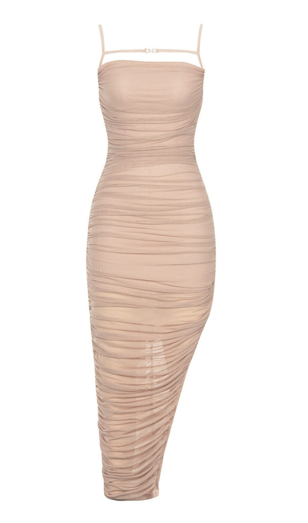 RUCHED BODYCON MIDI DRESS IN TAUPE DRESS STYLE OF CB 