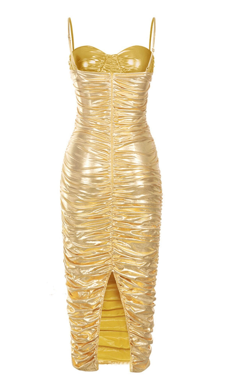 RUCHED STRAPPY MIDI DRESS IN GOLD DRESS STYLE OF CB 