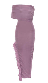 RUFFED OFF SHOULDER HIGH LOW DRESS IN LAVENDER styleofcb 
