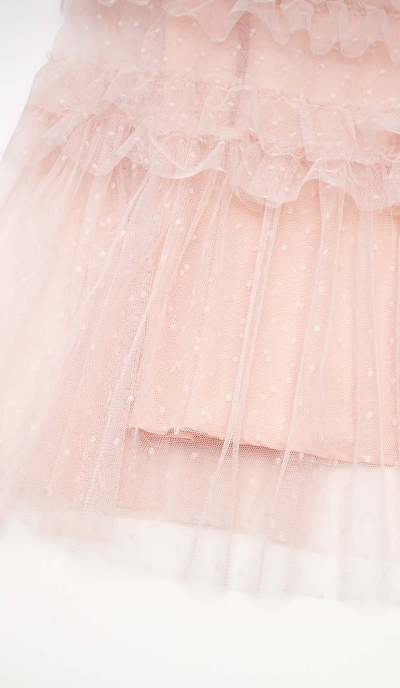RUFFLE OFF SHOULDER TIERED MIDI DRESS IN PINK styleofcb 