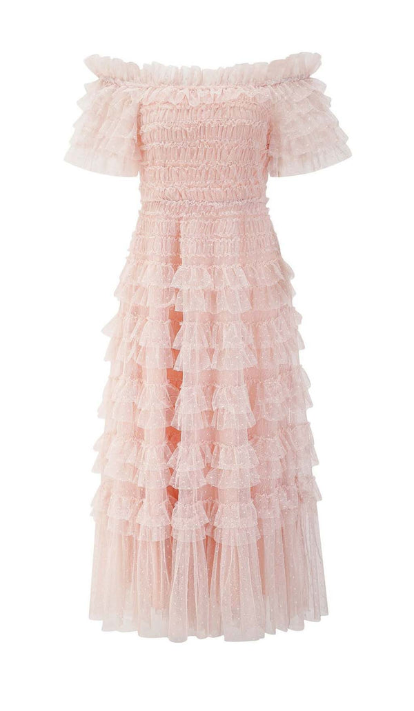 RUFFLE OFF SHOULDER TIERED MIDI DRESS IN PINK styleofcb 