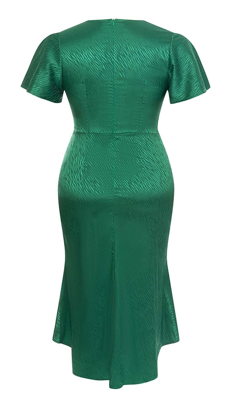 RUFFLE TRIM WRAP MIDI DRESS IN GREEN DRESS STYLE OF CB 