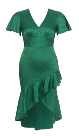 RUFFLE TRIM WRAP MIDI DRESS IN GREEN DRESS STYLE OF CB 