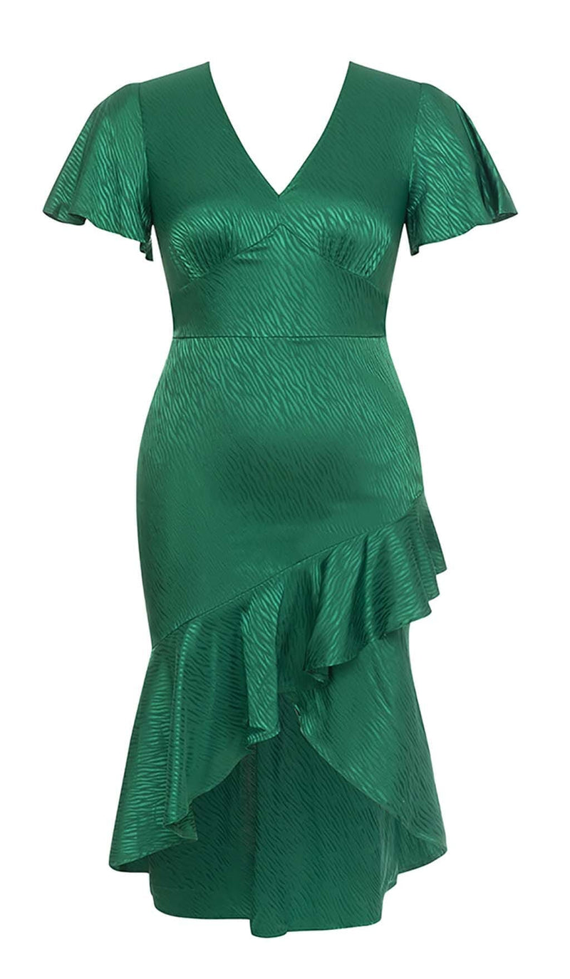 RUFFLE TRIM WRAP MIDI DRESS IN GREEN DRESS STYLE OF CB 