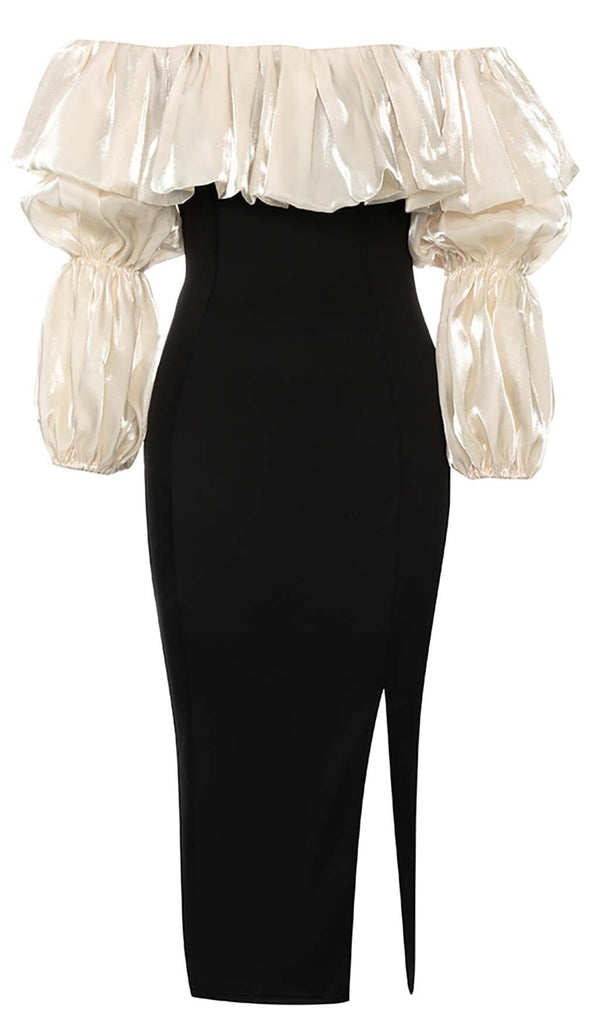 RUFFLE COLD SHOULDER MIDI DRESS IN BLACK DRESS STYLE OF CB 