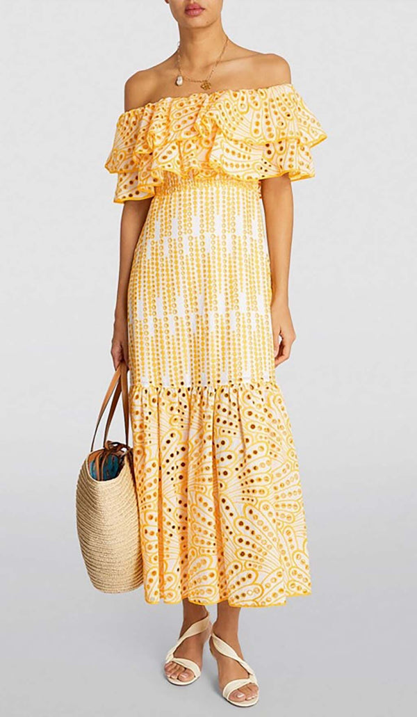 RUFFLE COLD SHOULDER MIDI DRESS IN YELLOW DRESS STYLE OF CB 