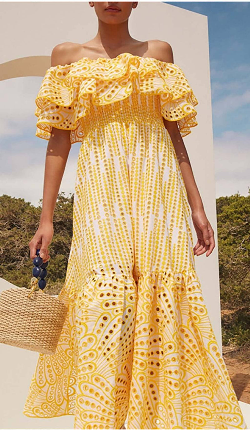 RUFFLE COLD SHOULDER MIDI DRESS IN YELLOW DRESS STYLE OF CB 