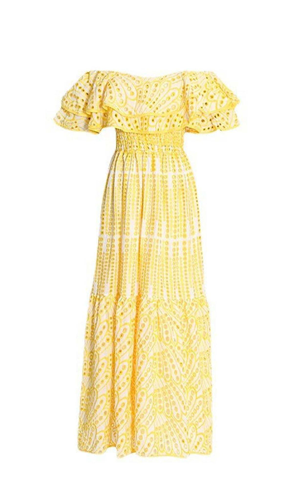 RUFFLE COLD SHOULDER MIDI DRESS IN YELLOW DRESS STYLE OF CB S YELLOW 