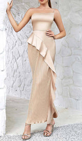 RUFFLED PLATED MAXI DRESS IN KHAKI DRESS styleofcb 