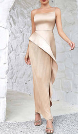 RUFFLED PLATED MAXI DRESS IN KHAKI DRESS styleofcb 