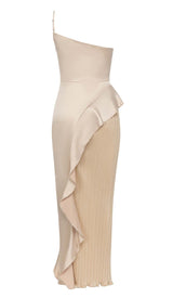 RUFFLED PLATED MAXI DRESS IN KHAKI DRESS styleofcb 