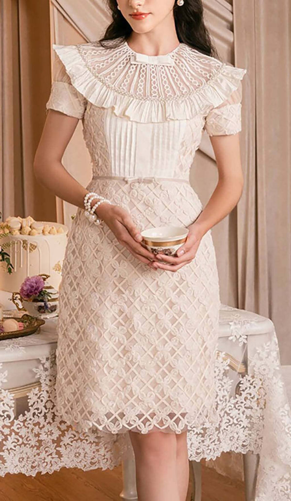 RUFFLES EMBROIDERY MIDI DRESS IN WHITE DRESS STYLE OF CB 