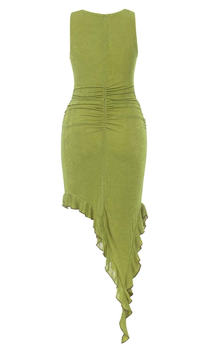 RUFFLE SLIT MIDI DRESS IN DARK CHARTREUSE DRESS STYLE OF CB 