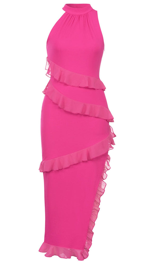 RUFFLE SPLIT MIDI DRESS IN STRONG MAGENTA DRESS styleofcb 