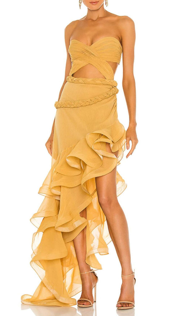 RUFFLE THIGH SLIT MAXI DRESS IN LIGHT ORANGE DRESS STYLE OF CB 