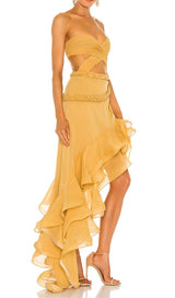 RUFFLE THIGH SLIT MAXI DRESS IN LIGHT ORANGE DRESS STYLE OF CB 