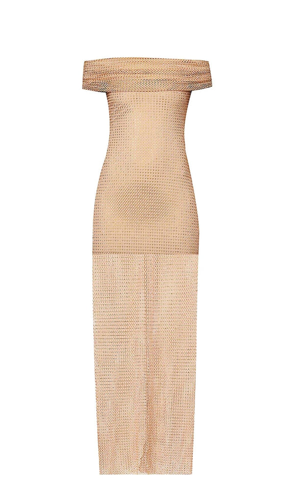 RHINESTONE OFF SHOULDER FISHNET MAXI DRESS IN BROWN DRESS STYLE OF CB 