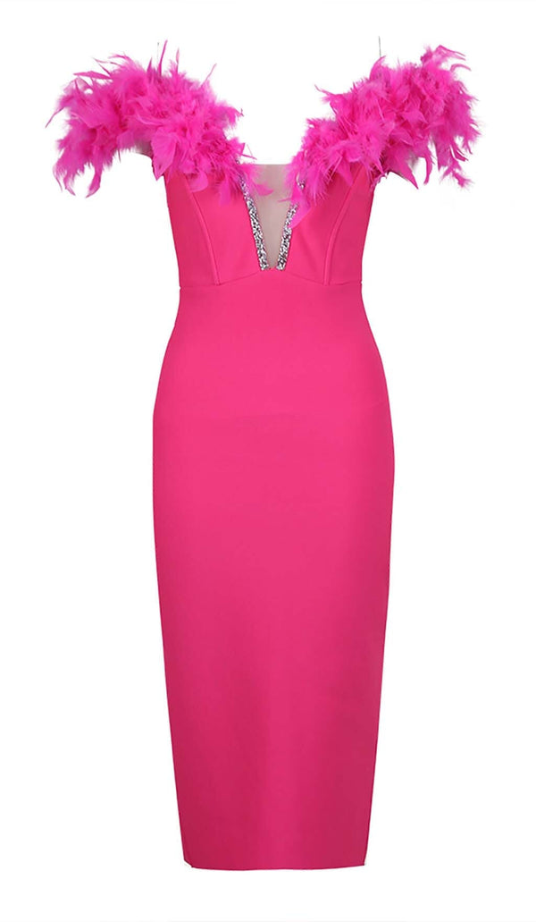 FEATHER PLUNGE MIDI DRESS IN ROSE DRESS STYLE OF CB 