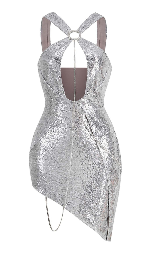 SEQUIN CUTOUT HIGH LOW DRESS IN SLIVER DRESS STYLE OF CB 