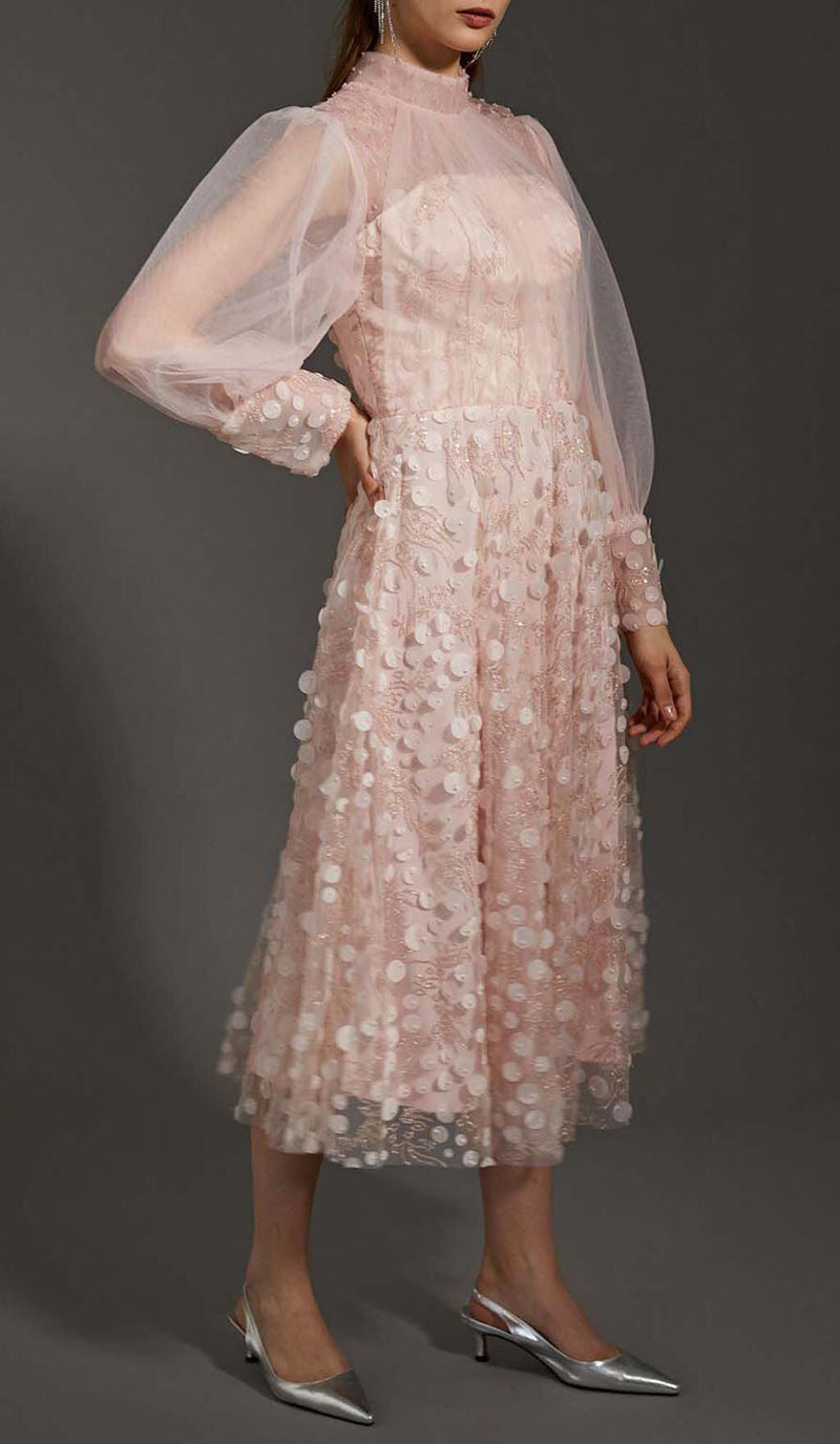 SEQUIN MESH TULLE MIDI DRESS IN PINK DRESS STYLE OF CB 