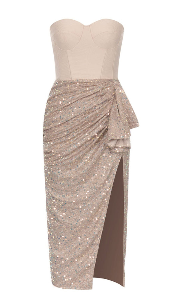 SEQUIN RUCHED SLIT MIDI DRESS IN GOLD DRESS STYLE OF CB 