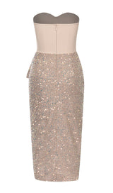 SEQUIN RUCHED SLIT MIDI DRESS IN GOLD DRESS STYLE OF CB 