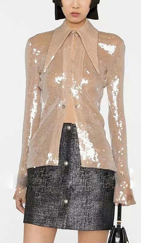 SEQUIN-EMBELLISHED SHIRT IN METALLIC GOLD DRESS STYLE OF CB 