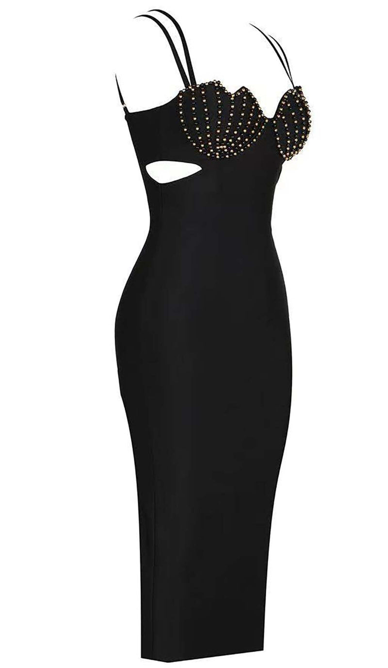 SHELL STRAP BEADING MIDI DRESS IN BLACK DRESS STYLE OF CB 