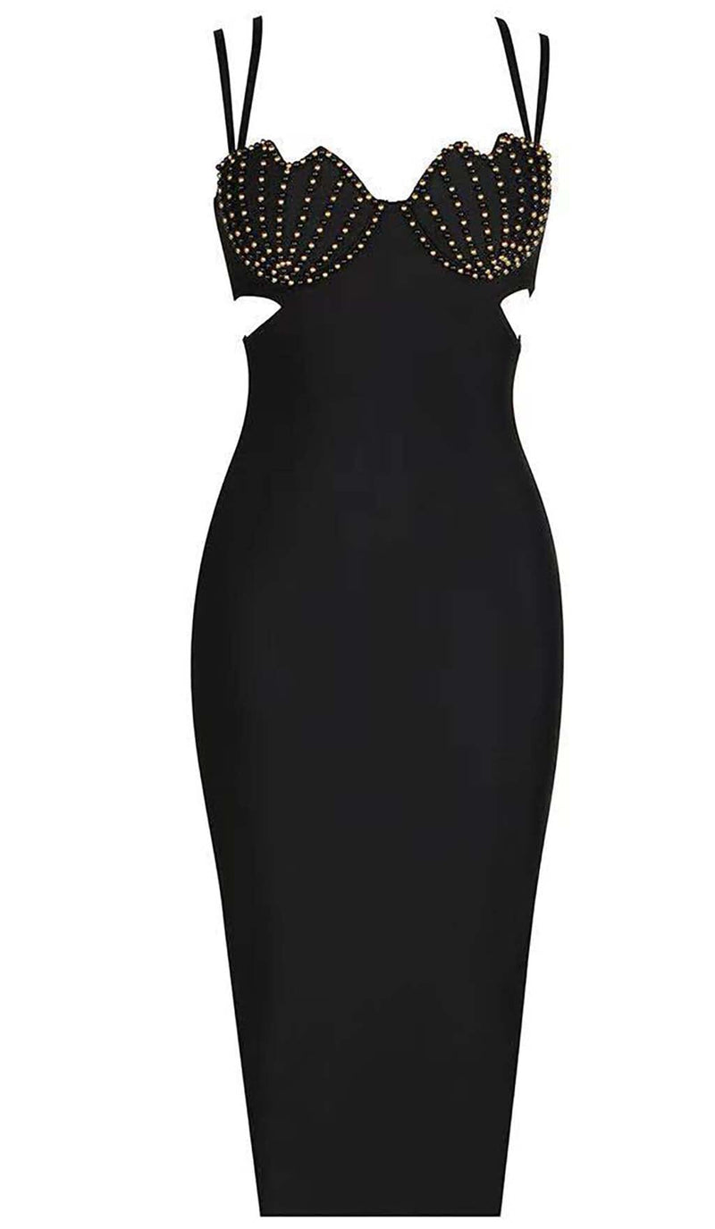 SHELL STRAP BEADING MIDI DRESS IN BLACK DRESS STYLE OF CB 