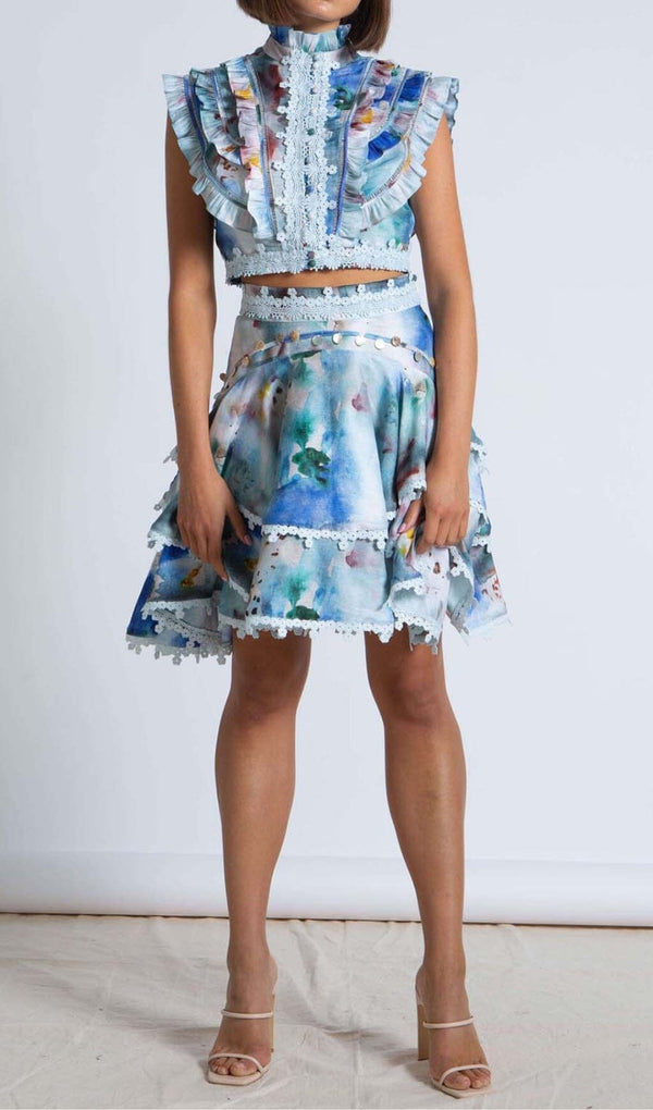 SLEEVELESS PRINT PATTER TWO PIECE SET IN BLUE DRESS STYLE OF CB 