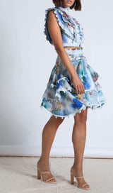 SLEEVELESS PRINT PATTER TWO PIECE SET IN BLUE DRESS STYLE OF CB 