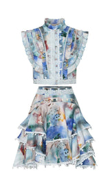 SLEEVELESS PRINT PATTER TWO PIECE SET IN BLUE DRESS STYLE OF CB 