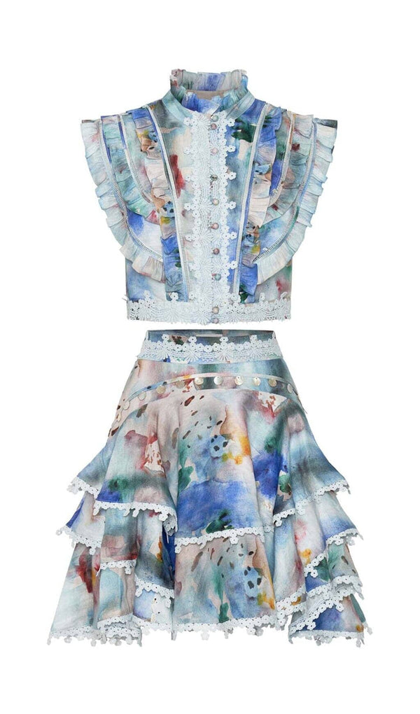 SLEEVELESS PRINT PATTER TWO PIECE SET IN BLUE DRESS STYLE OF CB 