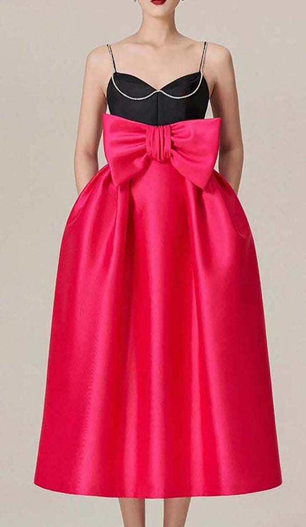 SPAGHETTI STRAP BOW RHINESTONE MIDI DRESS IN RED DRESS STYLE OF CB 